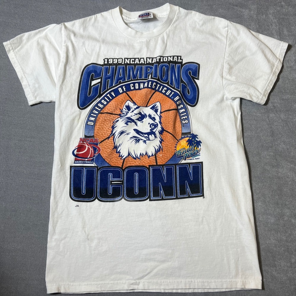 Vtg 1999 UConn Huskies NCAA National Champions T-Shirt White Medium Sport Attack